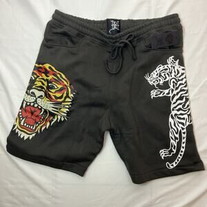ED Hardy Screaming Tiger Graphic Printed Sweat Shorts Mens Medium Charcoal Gray